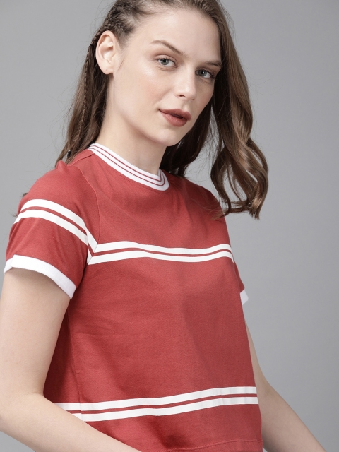 

Roadster Women Red & White Striped Round Neck Crop T-shirt