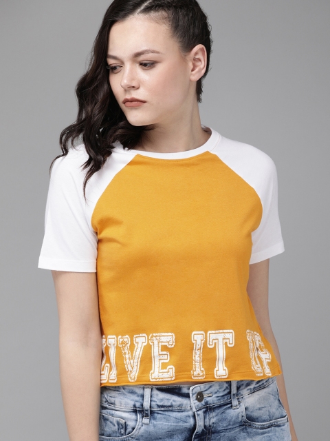 

Roadster Women Mustard Yellow & White Printed Round Neck T-shirt