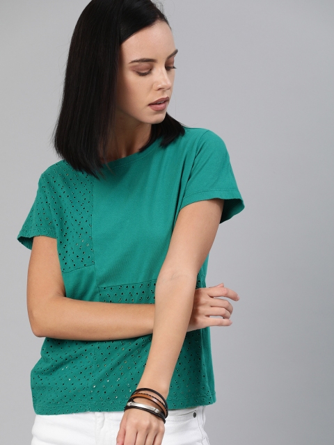 

Roadster Women Green Self Design Schiffli Detailed Round Neck T-shirt