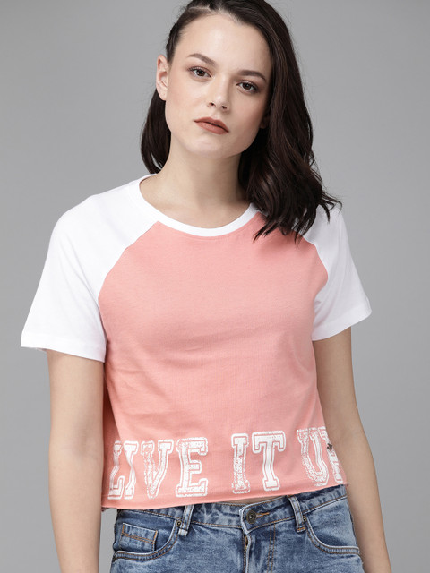 

Roadster Women Pink & White Printed Round Neck Cropped T-shirt
