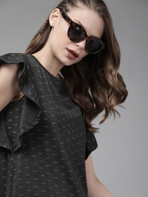 

Roadster Women Charcoal Grey and Beige Printed Top With Ruffles