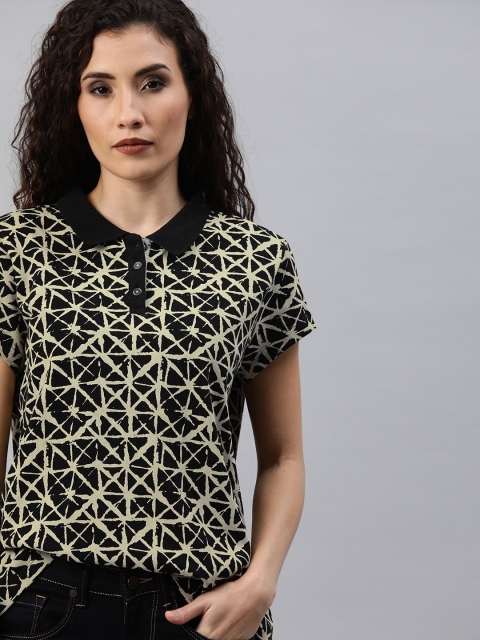 

Roadster Women Black Beige Abstract Printed Polo Collar Pure Cotton T-shirt