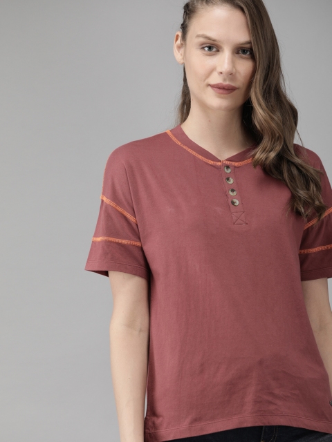 

Roadster Women Maroon Solid Henley Neck T-shirt