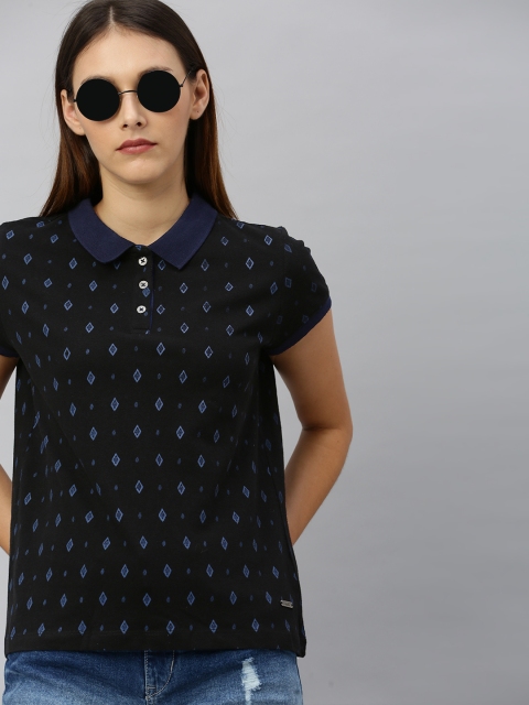 

The Roadster Lifestyle Co Women Black Blue Printed Polo Collar Pure Cotton T-shirt