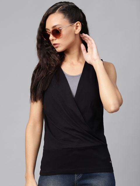 

The Roadster Lifestyle Co Women Black Solid Wrap Top