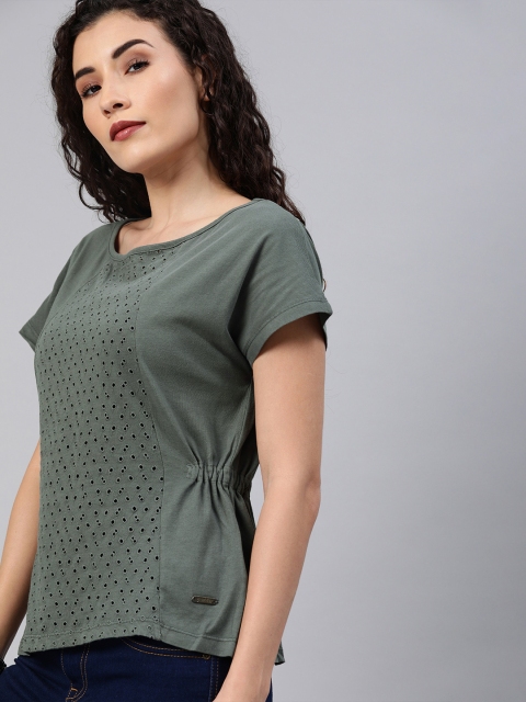 

The Roadster Lifestyle Co Women Grey Self Design Shiffli Cinched Waist Top