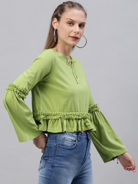 

Roadster Women Lime Green Solid Ruffled A-Line Top