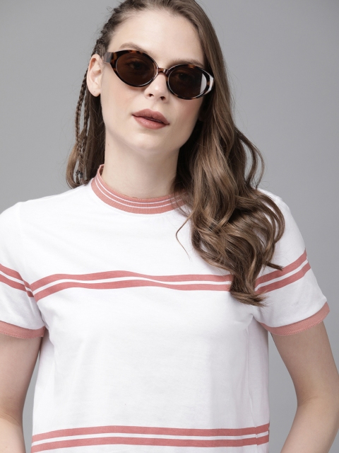 

Roadster Women White & Pink Striped Round Neck Crop T-shirt