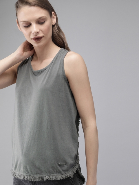 

Roadster Women Grey Solid Top With Frayed Trim