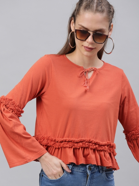 

Roadster Women Orange Solid Cropped Top With Bell Sleeves