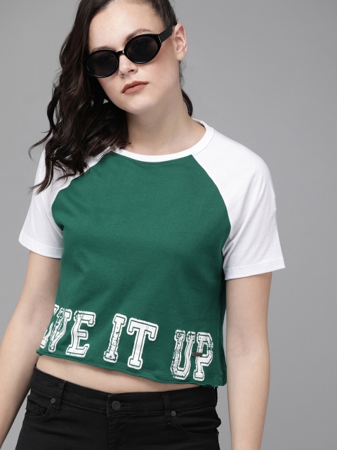 

The Roadster Lifestyle Co Women Green Printed Round Neck Cropped Pure Cotton T-shirt