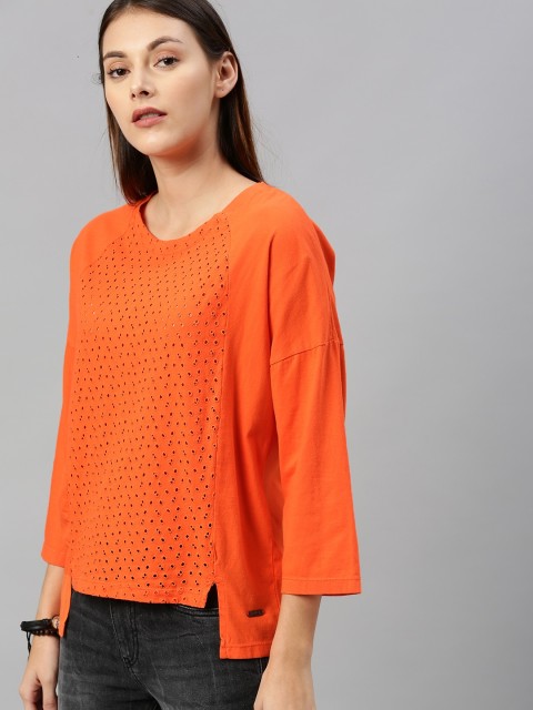 

Roadster Women Orange Self Design Round Neck Schiffli Pure Cotton T-shirt