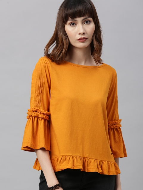 

Roadster Women Mustard Yellow Solid Top With Ruffles