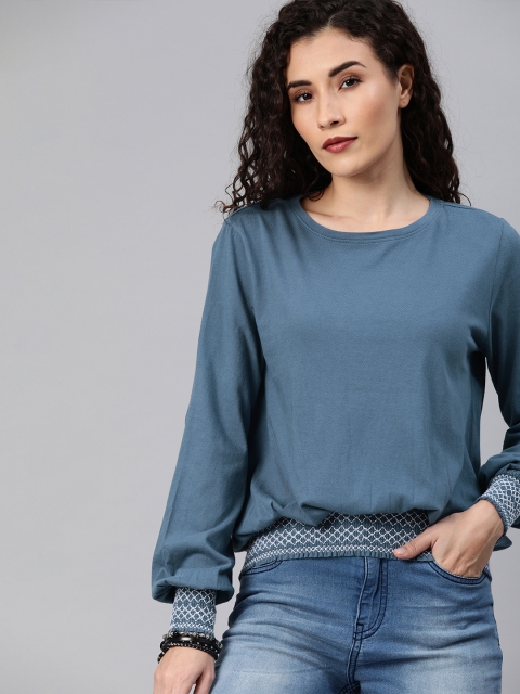 

Roadster Women Teal Blue Solid Smocking Detailed Blouson Top