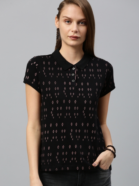 

The Roadster Lifestyle Co Women Black Pink Geometric Printed Polo Collar Pure Cotton T-shirt