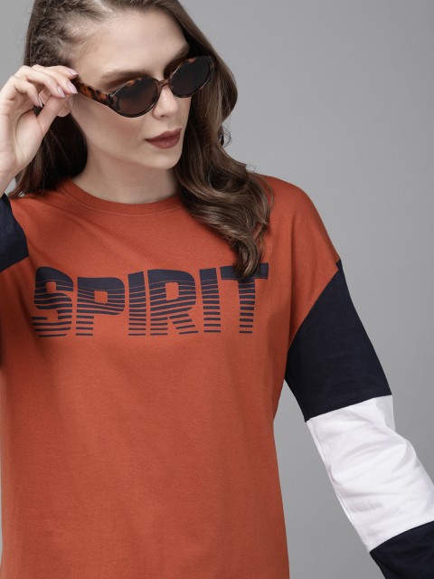 

Roadster Women Rust Orange Printed Round Neck T-shirt With Contrast Sleeves