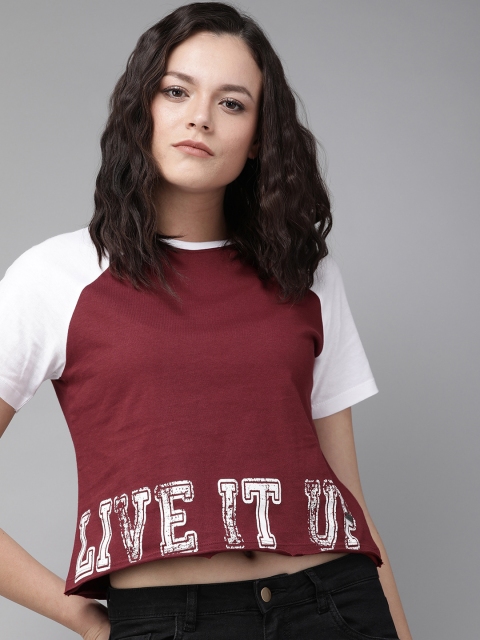 

Roadster Women Maroon Placement Printed Round Neck Cropped T-shirt