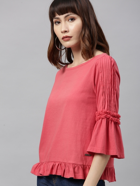 

Roadster Women Red Solid Top With Ruffles
