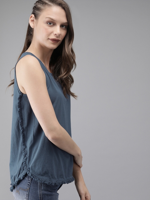 

Roadster Women Blue Solid Top With Frayed Trim