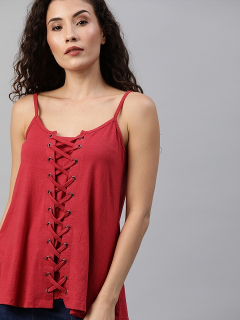 

The Roadster Lifestyle Co Women Red Solid Full Front Lace-Up Sustainable Top