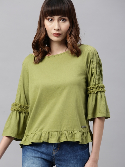 

Roadster Women Olive Green Solid Top With Ruffles