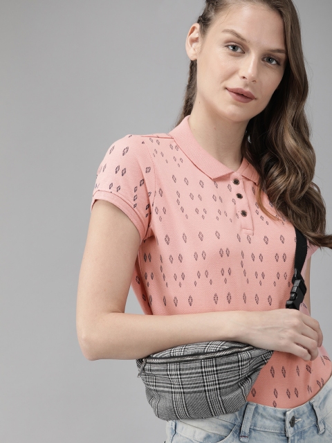 

Roadster Women Pink & Navy Blue Printed Polo Collar T-shirt
