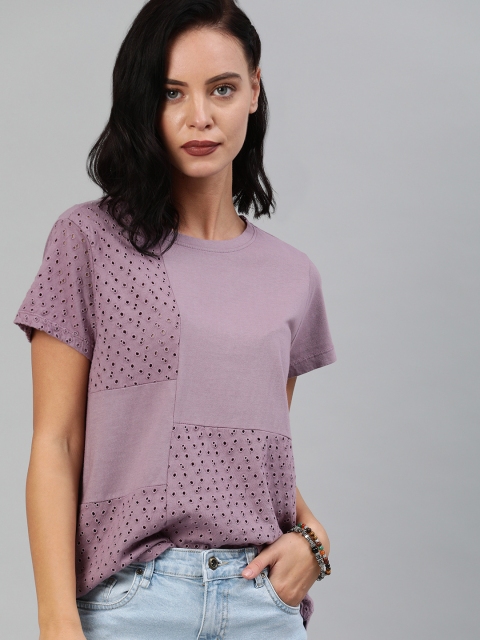 

Roadster Women Pink Solid Round Neck T-shirt with Schiffli Embroidery
