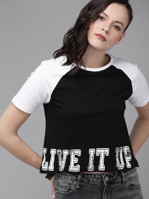 

Roadster Women Black & White Printed Round Neck Cropped T-shirt