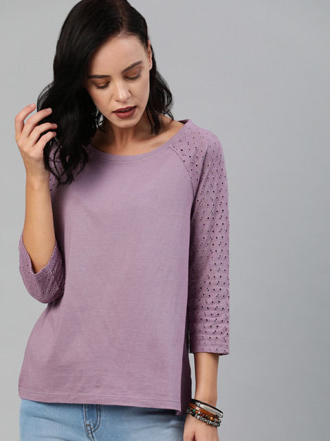 

Roadster Women Lavender Solid Round Neck Pure Cotton T-shirt With Schiffli Sleeves