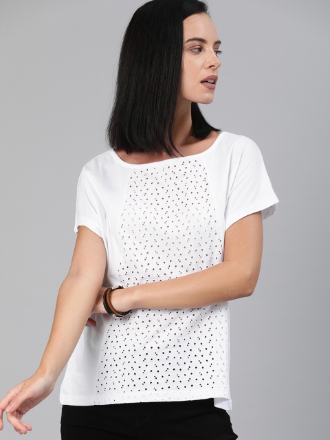 

The Roadster Lifestyle Co Women White Self Design Schiffli Pure Cotton Top With Gathers