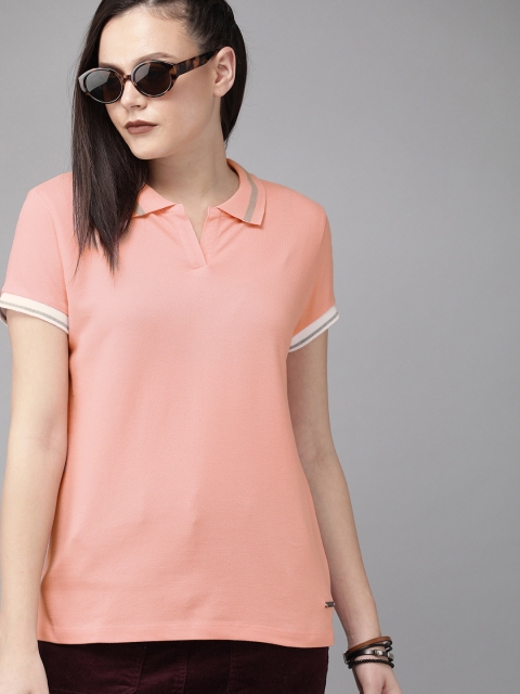 Women Pink Solid Polo Collar Pure Cotton T-shirt