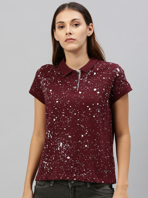 

Roadster Women Burgundy & White Printed Polo Collar T-shirt