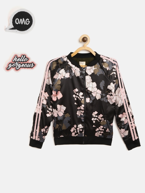

Gini and Jony Girls Black & Pink Floral Print Bomber Jacket with Quirky Brooches