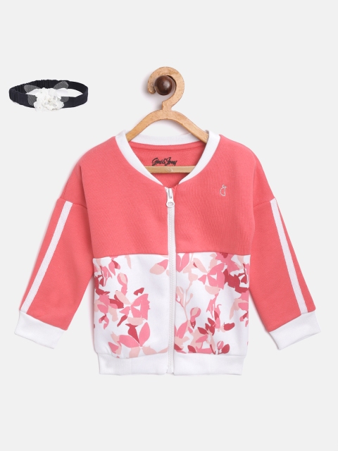 Infant Girls Peach-Coloured & White Floral Print Sweatshirt with Hairband