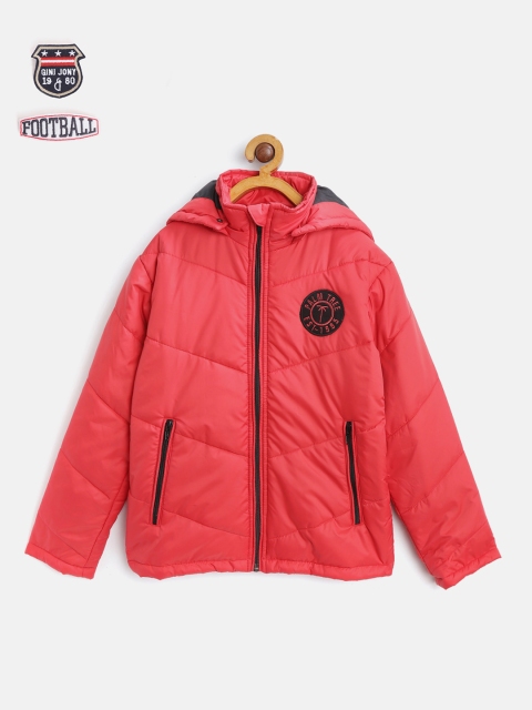 

Palm Tree Boys Red Solid Hooded Padded Jacket with Brooches