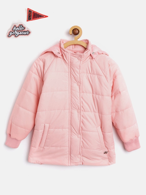 

Gini and Jony Girls Pink Solid Hooded Padded Jacket with Printed Back