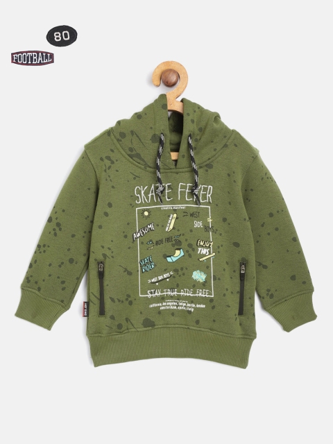 

Gini and Jony Boys Olive Green Printed Hooded Sweatshirt with Brooches