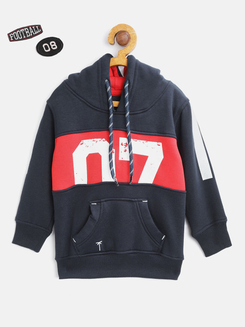 

Palm Tree Boys Navy Blue & Red Colourblocked & Printed Hooded Sweatshirt with Brooches