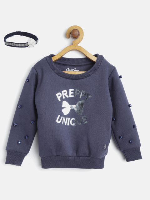 

Gini and Jony Girls Navy Blue Printed & Beaded Sweatshirt with Hairband