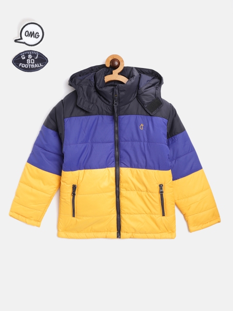 Boys Blue & Yellow Colourblocked Hooded Padded Jacket with 2 Brooches