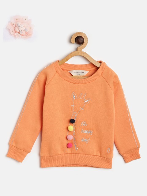 

Gini and Jony Girls Peach-Coloured Embroidered Sweatshirt with Brooch
