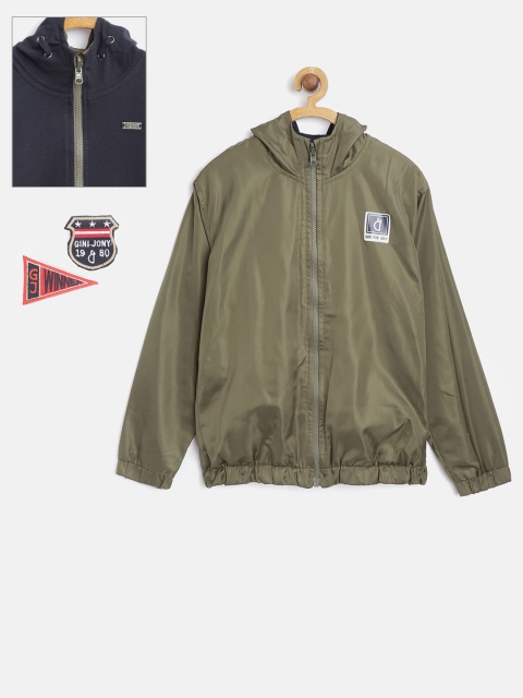 

Gini and Jony Boys Olive Green & Navy Blue Solid Hooded Reversible Bomber Jacket