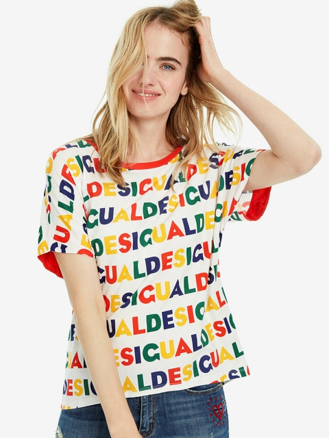 

Desigual Women White Printed Round Neck T-shirt
