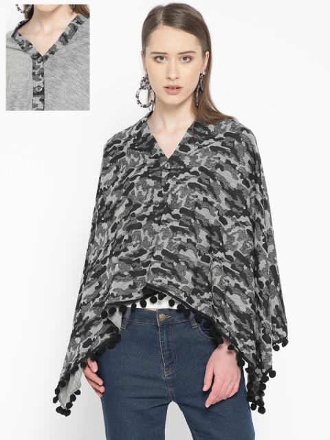 

Skidlers Women Grey & Black Reversible Camouflage Print Button Shrug