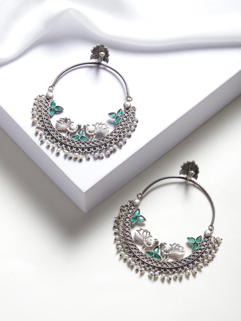 

Melani Borsa Green Silver-Plated Stone-Studded & Beaded Crescent Shaped Chandbalis