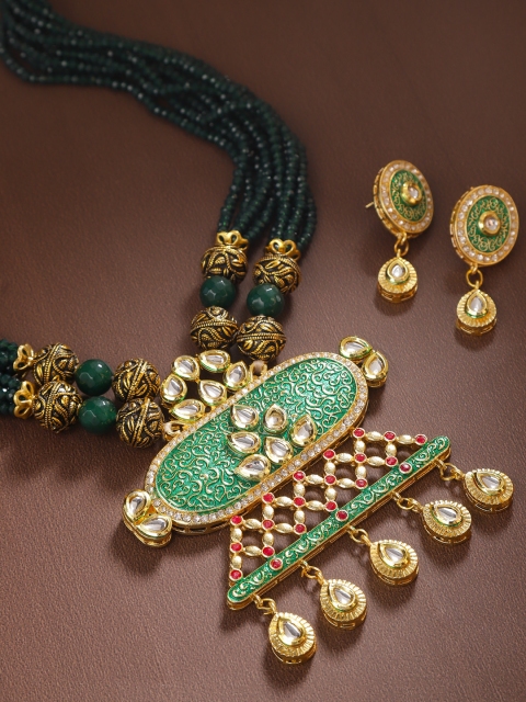 

Melani Borsa Green Gold-Plated Kundan-Studded & Beaded Handcrafted Jewellery Set