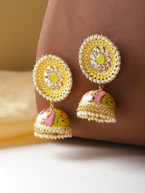 

Melani Borsa Yellow & Off-White Gold-Plated Meenakari Hand Painted Dome Shaped Jhumkas