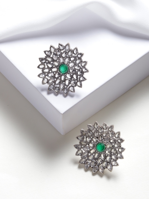 

Melani Borsa Green Silver-Plated AD Studded Floral Oversized Studs