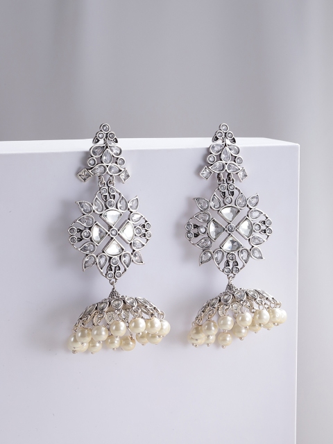

Melani Borsa Oxidised Silver-Plated Handcrafted AD Studded Dome Shaped Jhumkas
