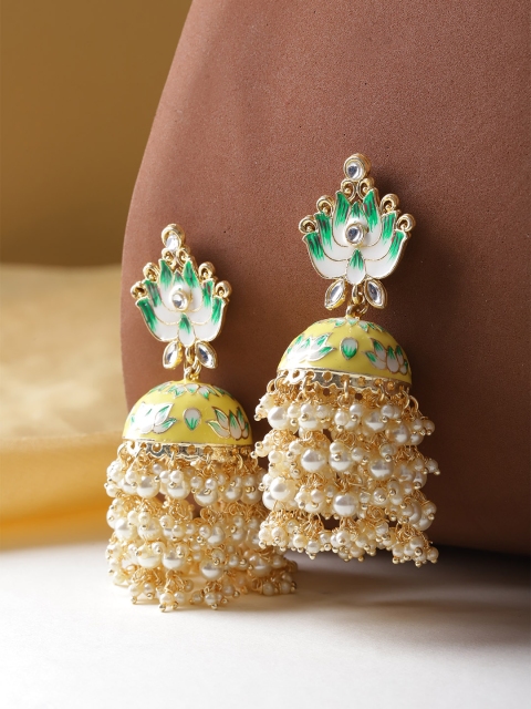 

Melani Borsa Yellow & Off-White Gold-Plated Hand Painted Meenakari Dome Shaped Jhumkas